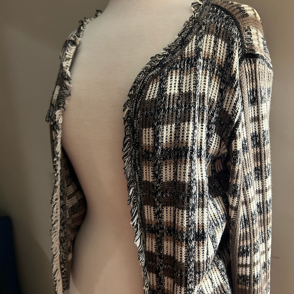 Cabi cardigan size Small. Neutral colors of ivory, taupe, dark green and black.